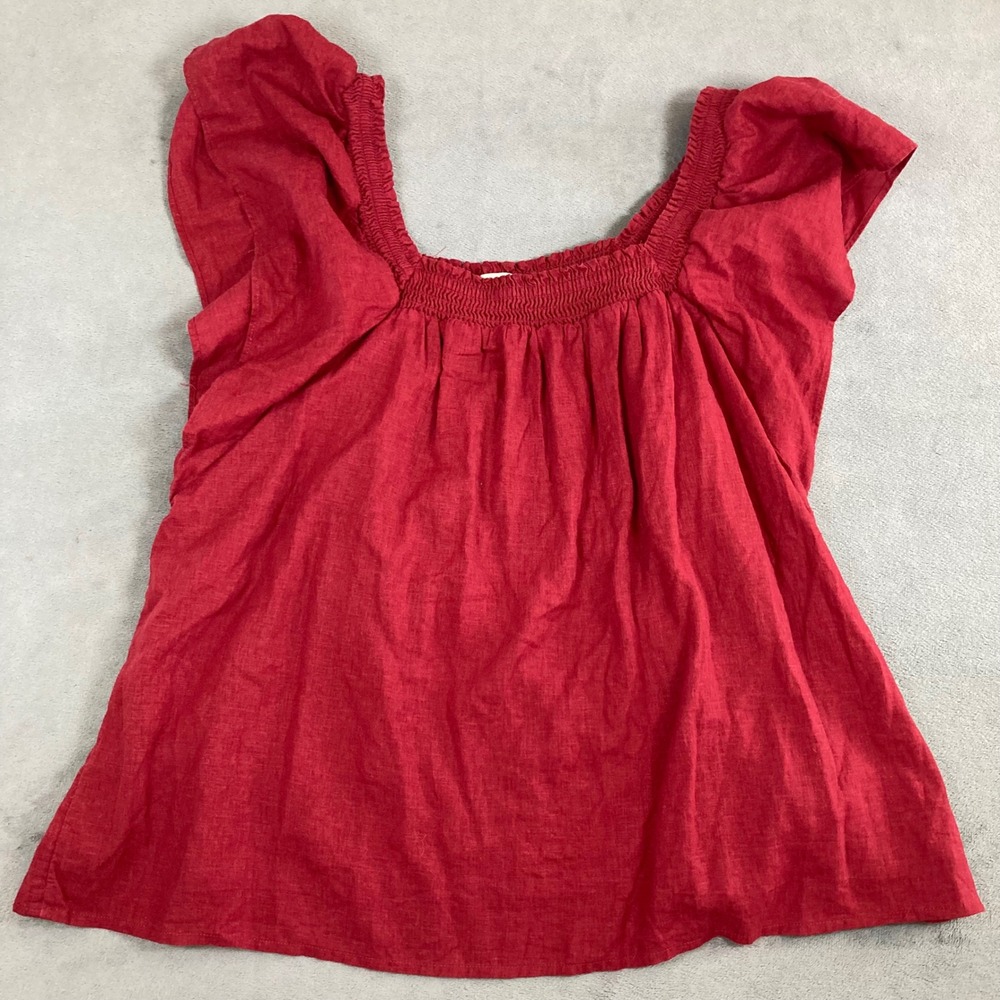A New Day Red Linen Blend Smocked Square Neck Flutter Sleeve Blouse Top Large